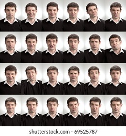 A Man Pulling A Variety Of Silly Faces. A Composite Of 24 Different Facial Expressions.