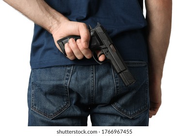 A Man Pulls A Gun From Behind, Isolated On White Background