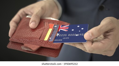 Man pulls plastic bank card with flag of Australia out of his wallet, fictional card number