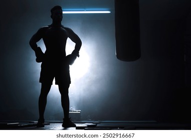 Man, punching bag and silhouette boxer at gym, training practice and attack challenge for combat. Male person, smoke and dojo club aesthetic for fight competition, athlete and martial arts workout - Powered by Shutterstock