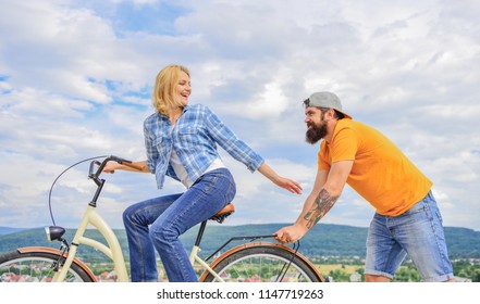 Man Pushes Girl Ride Bike Girl Stock Photo 1147719263 | Shutterstock