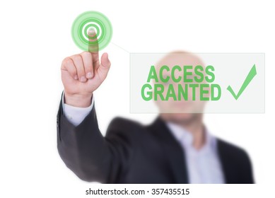 Man pushes an invisible button panel: Access granted