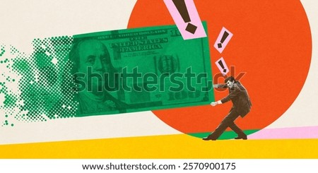 Man pushing against giant dollar bill, symbolizing burden of financial challenges amidst inflation and economic pressure. Conceptual creative design. Concept of inflation, finances