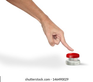 A Man Pushing A Big Red Start Stop Alarm Panic Button With Finger