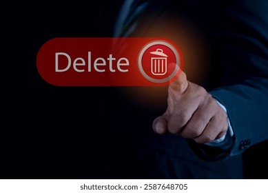 Man pushing the delete button on virtual screen. The concept of deletion or erase contacts, files, informations. - Powered by Shutterstock - Get 15% off with code: PIKWIZARD15