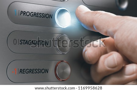 Man pushing an elevator button where it is written he words progression, stagnation and regression. Successful life choice, career advancement concept. Composite image between hand photography and 3D