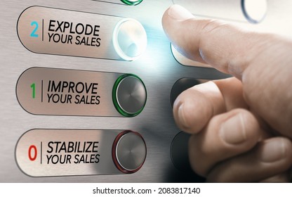 Man pushing an elevator buttons where it is written stabilize, improve or explode your sales. Salesforce motivational concept. Composite image between a hand photography and a 3D background.