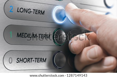 Man pushing an elevator buttons where it is written long term. Investment Concept. Composite image between a hand photography and a 3D background.