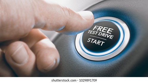 Man pushing a free test drive button. Composite image between a finger photography and a 3D background. - Shutterstock ID 1029891709