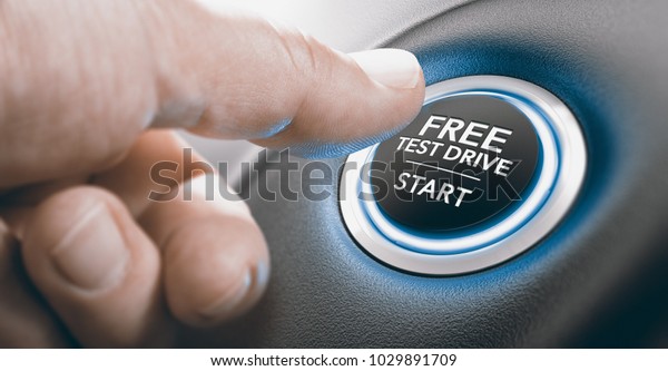 Man pushing a free test\
drive button. Composite image between a finger photography and a 3D\
background.