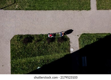 Man Pushing Lawn Mower For Cutting Green Grass In Garden At Summer. Aerial View.
