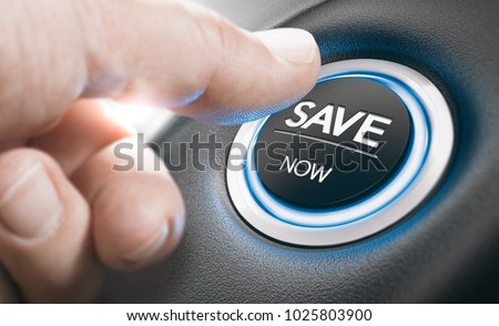 Man pushing a start button with the text save now. Concept of car offers or discount. Composite image between a finger photography and a 3D background.