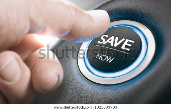 Man pushing a start button with the\
text save now. Concept of car offers or discount. Composite image\
between a finger photography and a 3D\
background.