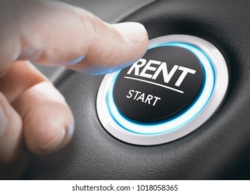 Man pushing a start button with the word rent. concept of car or vehicle rental. Composite image between a hand photography and a 3D background. - Shutterstock ID 1018058365