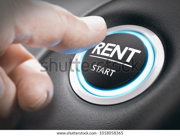 Man pushing a start button with the word\
rent. concept of car or vehicle rental. Composite image between a\
hand photography and a 3D\
background.