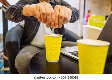 Man Put Sugar In Coffee Cup. White Death. Wide Angle