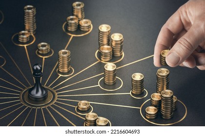 Hombre colocando monedas de oro en un tablero que representa múltiples flujos de ingresos. Concepto de multiplicación de fuentes de ingresos. Imagen compuesta entre una ilustración 3d y una fotografía.