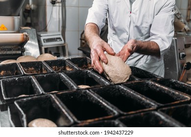 A Man Puts Dough In A Bread Pan. Bread Making Process 