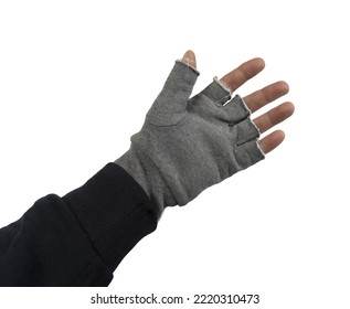 A Man Puts On Fingerless Woolen Gloves On A Transparent Background