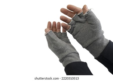 A Man Puts On Fingerless Woolen Gloves On A Transparent Background