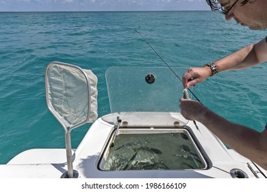 Man Putting Fishing Bait On The Hook. Deep Sea Fishing In Florida, USA