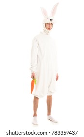 Man In A Rabbit Costume On White Background