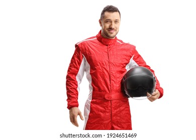 Man racer in a red uniform holding a helmet and smiling isolated on white background