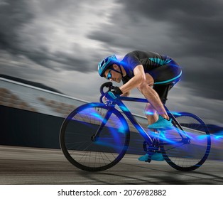 Man racing cyclist in motion on track background. Concept of sport, movement, energy, dynamic, healthy lifestyle