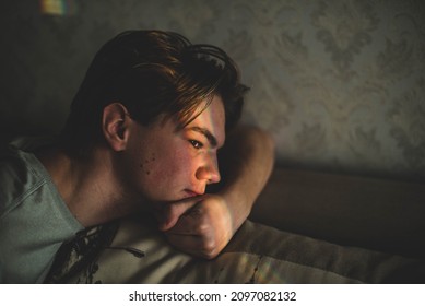 Man With Rainbow On Eyes Shadow And Smiley Nailpaint. LGBT Concept. Teenagers Problems, Sad Boy, Skin Problem.