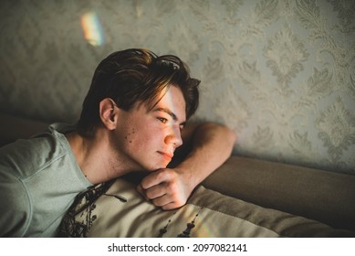 Man With Rainbow On Eyes Shadow And Smiley Nailpaint. LGBT Concept. Teenagers Problems, Sad Boy, Skin Problem.