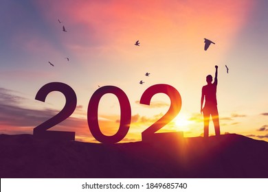 Man raise hand up on sunset sky with birds flying at top of mountain and number like 2021 abstract background. Happy new year and holiday concept. Vintage tone filter effect color style.