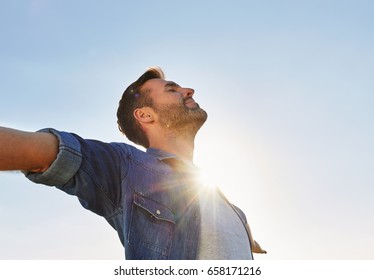 Man Raised Hands Enjoying Sunny Day Stock Photo 658171216 | Shutterstock