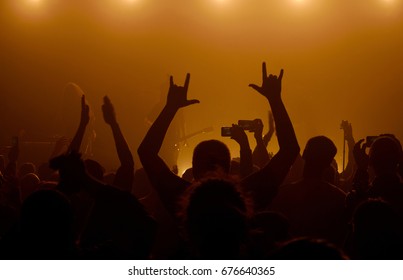 Man raising up hands with rock-n-roll gesture standing in a crowd at rock concert with musicians on the background in smoky space