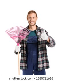 Man With Rake For Autumn Leaves Clean-up Showing Thumb-up On White Background