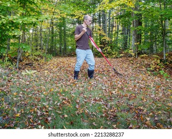 Man Raking Leaves On Edge Of Woods 