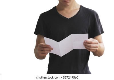 Man Reading Blank White Flyer Brochure Booklet. Leaflet Presentation. Pamphlet Hold Hands. Man Show Clear Offset Paper. Sheet Template. Isolated On White Background.