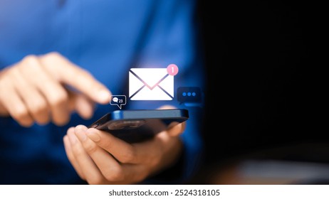 man reading electronic mail ,Email marketing and newsletter concept,Digital communication with email messages,Sending and receiving messages online with the email icon ,notifications