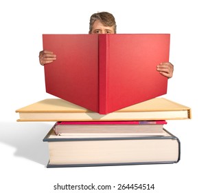 Man Reading A Stack Of Big Giant Books