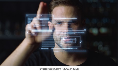 Man reading text hologram looking for futuristic touchscreen information closeup. Professional employee checking data swipe digital holographic emails collecting info. High-tech work process metaverse