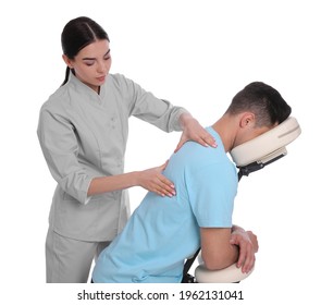 Man Receiving Massage In Modern Chair On White Background