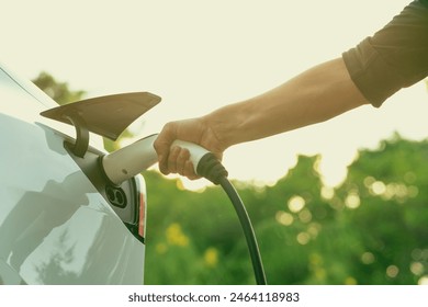 Man recharging battery for electric car during autumnal road trip travel EV car in autumnal forest. Eco friendly travel on vacation during autumn with electric vehicle. Exalt - Powered by Shutterstock