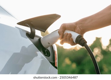 Man recharging battery for electric car during autumnal road trip travel EV car in autumnal forest. Eco friendly travel on vacation during autumn with electric vehicle. Exalt