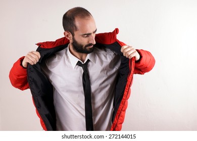 Man with red jacket