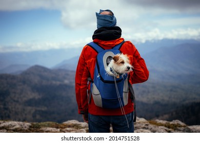 A man in a red jacket, with a dog in a backpack, against the background of the Caucasian mountains, Lago-naki plateau, Russia - Shutterstock ID 2014751528