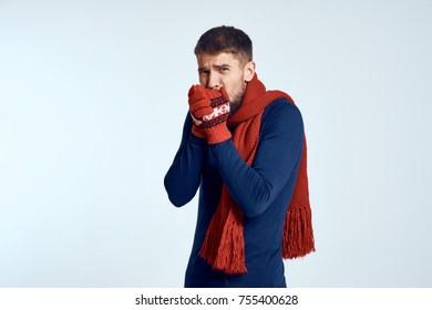 Man In Red Scarf And Gloves, Winter, Cold, New Year's Holidays                               