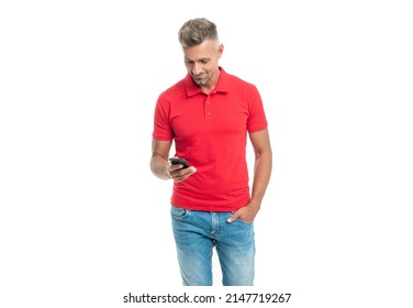 Man In Red Tshirt Messaging On Smartphone Isolated On White Background