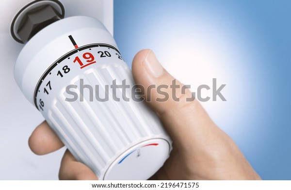 Man reducing energy\
consumption by setting thermostat temperature to 19 degrees. Close\
up on a knob. Composite image between a 3d illustration and a hand\
photography.