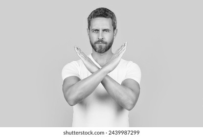 man refuse with denial gesture in studio. photo of denial man show refuse. man refuse and denial.