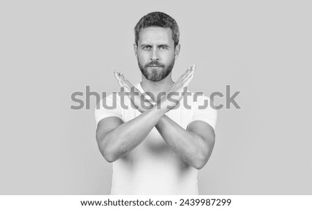 man refuse with denial gesture in studio. photo of denial man show refuse. man refuse and denial.