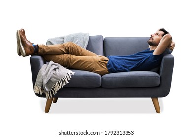 Man Relaxing On Sofa. Isolated On White